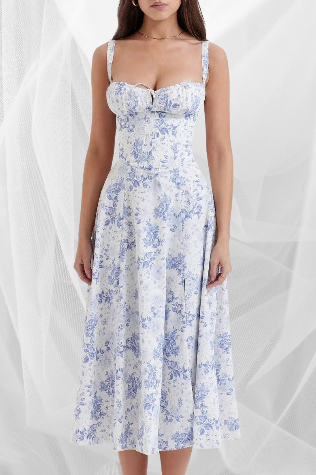 FloralBloom — Bustier Corset Midi Slit Dress