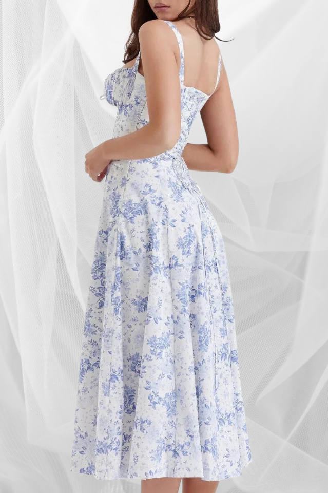 FloralBloom — Bustier Corset Midi Slit Dress