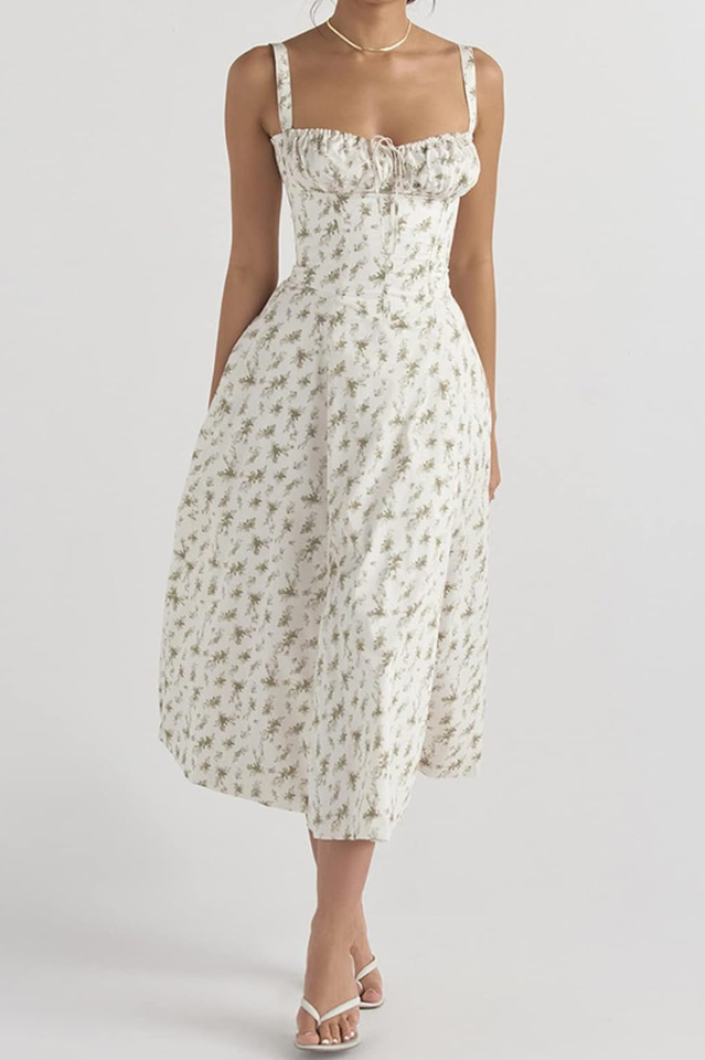 FloralBloom — Bustier Corset Midi Slit Dress