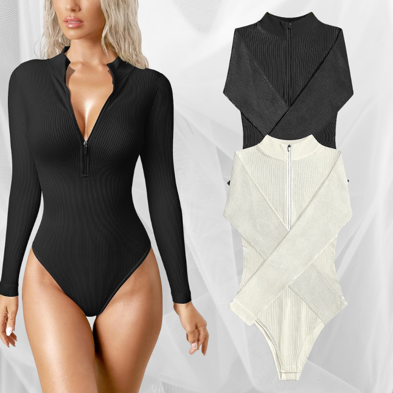 Cozy Chic — Half Zip Ribbed Bodysuit