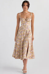 FloralBloom — Bustier Corset Midi Slit Dress