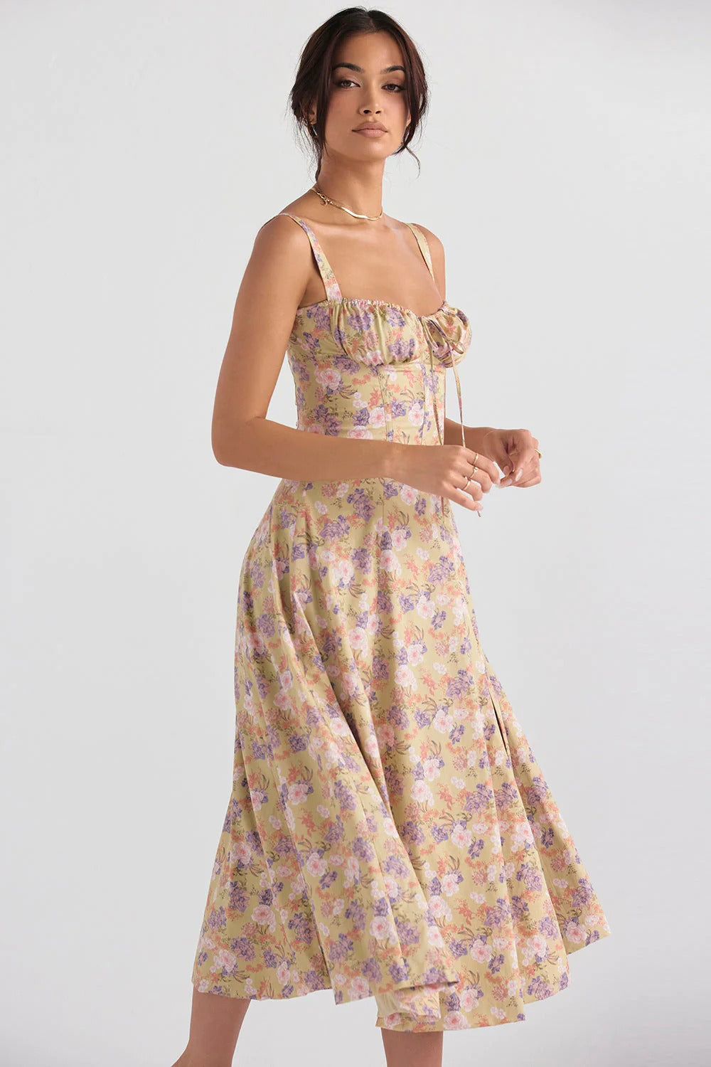 FloralBloom — Bustier Corset Midi Slit Dress