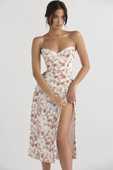 FloralBloom — Bustier Corset Midi Slit Dress