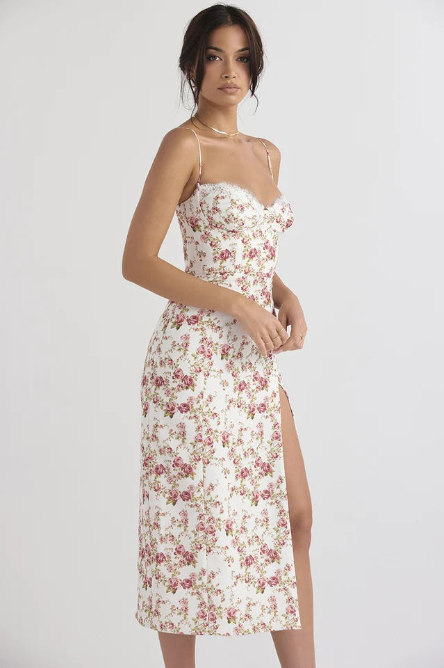 FloralBloom — Bustier Corset Midi Slit Dress