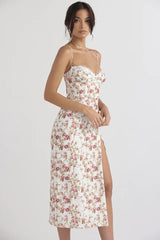 FloralBloom — Bustier Corset Midi Slit Dress